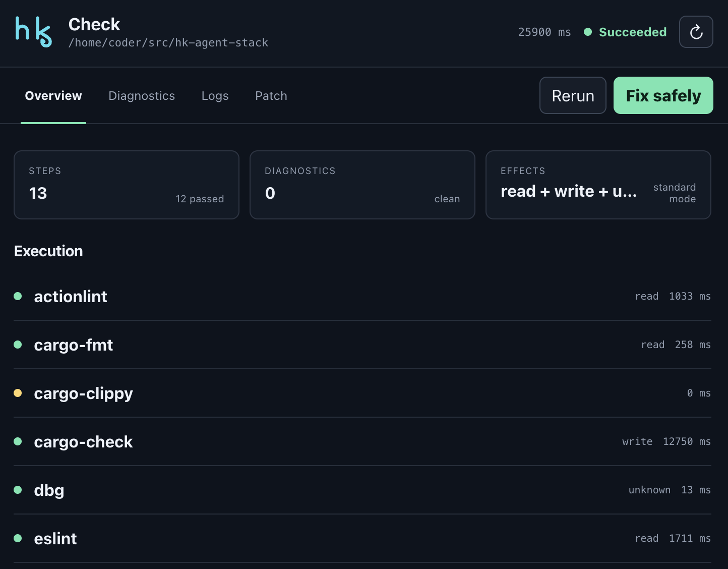 hk MCP dashboard showing a completed project check